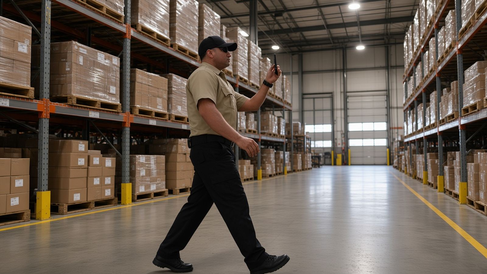 Security officer walking a warehouse aisle (AI illustration)